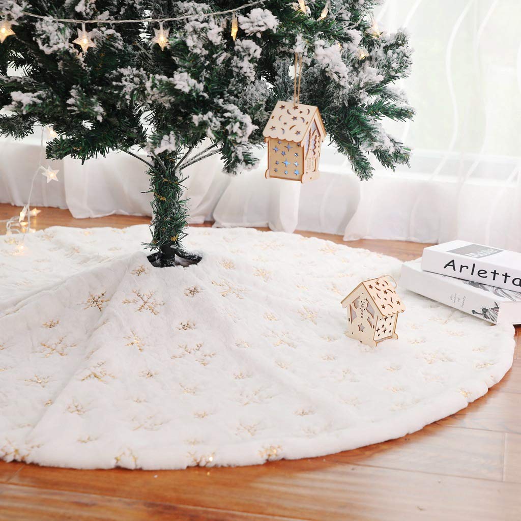 Dremisland Christmas Tree Skirt 36" Large White&Gold Luxury Faux Fur Tree Skirt with Snowflakes Super Soft Thick Plush Tree Skirt for Xmas Tree Decoration (Golden, 36inch/90cm)