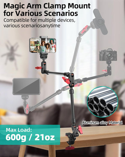 JEBUTU 22" Magic Arm w Clamp Mount, Overhead Desk Phone Mount Stand, Adjustable Articulating Friction Camera Boom Arm w 1/4" Thread for Phone Video Light Webcam Action Camera Tripod Mic