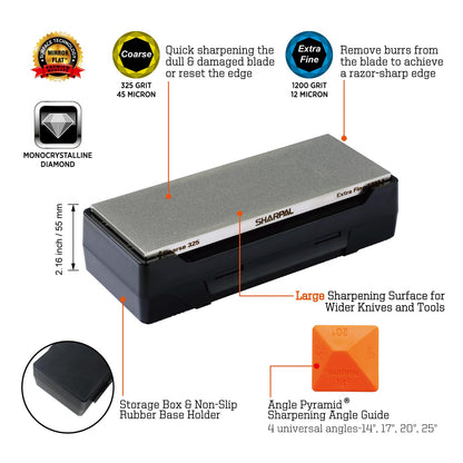SHARPAL 162N Diamond Whetstone Knife Sharpener with Storage Base | 2 Side Grit Coarse 325 / Extra Fine 1200 | Diamond Sharpening Stone | Non-Slip Base & Angle Guide (203 x 76mm / 8 x 3 Inch)