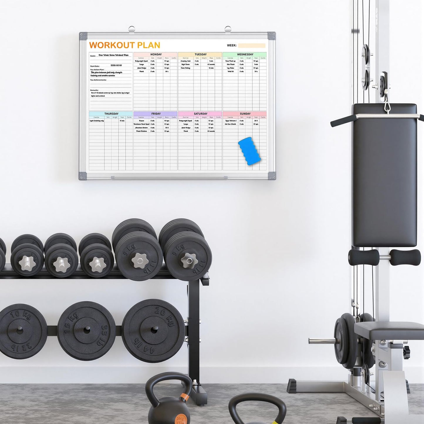 Fitness Tracker Magnetic Whiteboard Workout Plan Dry Erase Board for Wall 24'' x 18'',Hanging Mounted Weekly Fitness Tracker Gym Exercise Tracker Schedules and Checklists