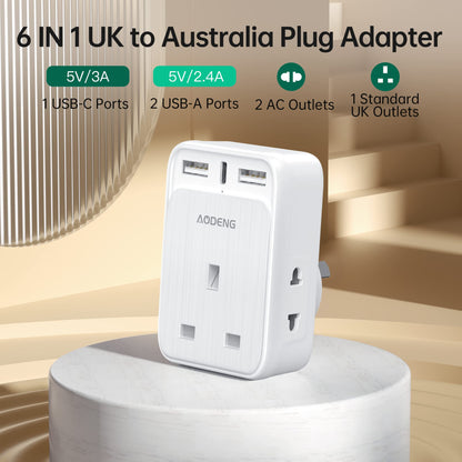 UK to Australia Plug Adapter 2 Pack 6 IN 1 Australian Travel Adapter with 2 USB Ports & 1 USB-C Fast Charger(5V/3.4A) and 2 Shaver Plug Adaptor UK to Australian New Zealand Fiji Argentina etc (Type I)