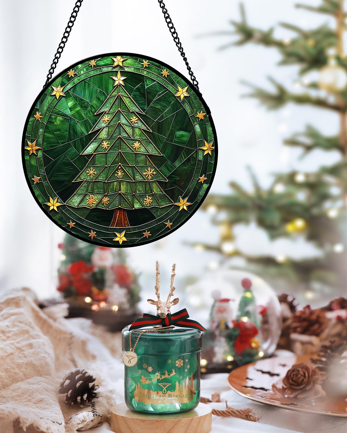 Stained Glass Window Hanging - Green Christmas Tree with Golden Stars Suncatcher for Doors Home Christmas Decoration Sun Catcher Thanksgiving New Year Birthday Gifts for Women Men Mom Nana 6.3 in