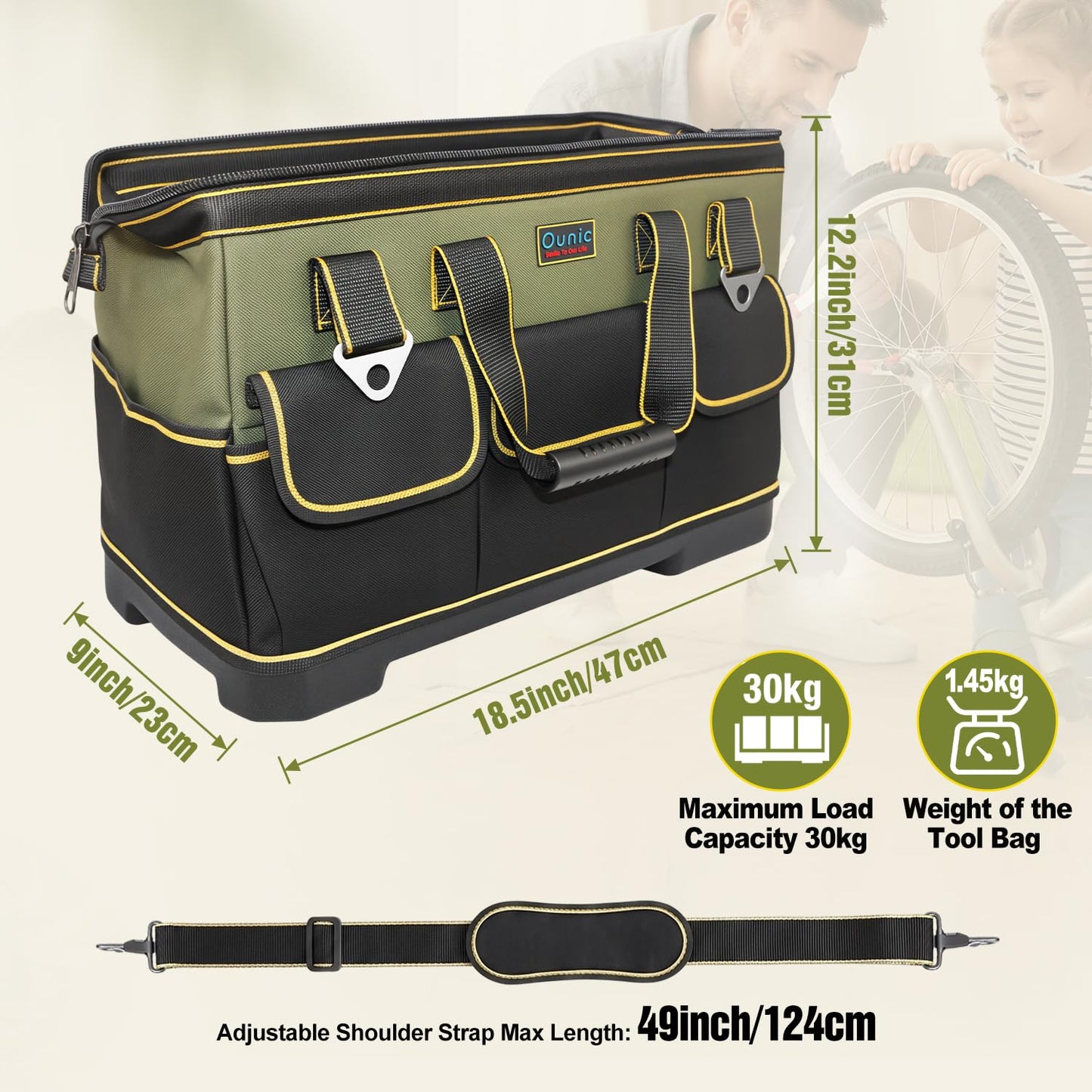 Tool Bag, Ounic 18 Inch Large Tool Tote Bag Heavy Duty With Waterproof Molded Base, Wide Mouth Tool Box Organizer with Adjustable Shoulder Strap for Electrician Mechanic Craftsman Plumbers(Green)