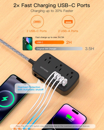 Flat Extension Cord, BESHON 5FT Flat Plug Power Strip with USB C, 6 Outlets 4 USB Port(2 USB C), No Surge Protector, Cruise Ship, Dorm Room Travel Essentials