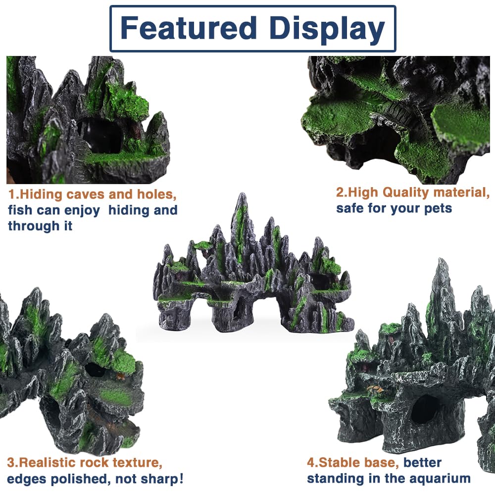 GOLOMOZ Large Fish Tank Decorations - Fish Tank Decor Aquarium Rock Mountain View Aquarium Ornament Tree House Cave Fishtank Rocks for Large Fishtank Glofish Tank Decorations