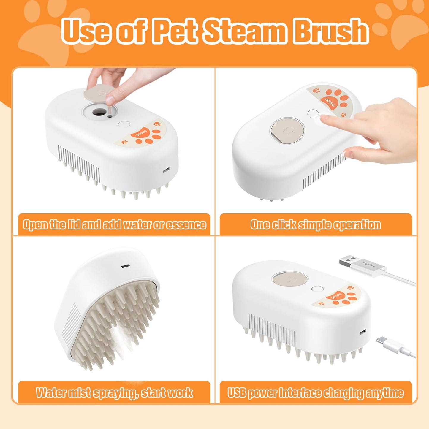 SOGUE Cat Steam Brush,Rechargeable Pet Steam Brush for Cats Dogs,Silicone Dog Brushes for Short&Long Haired Dogs,3 In 1 Pet Hair Remover Tool for Massage Grooming,Cleaning,Shedding White