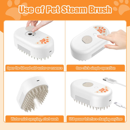 SOGUE Cat Steam Brush,Rechargeable Pet Steam Brush for Cats Dogs,Silicone Dog Brushes for Short&Long Haired Dogs,3 In 1 Pet Hair Remover Tool for Massage Grooming,Cleaning,Shedding White