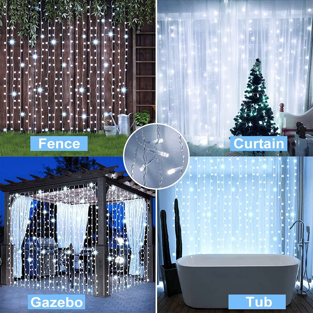 Whywhife Solar Curtain Lights Outdoor Garden 300 LED Fairy String Lights 8 Modes Remote Control Waterproof Waterfall Lights for Gazebo Patio Home Festival Wedding Wall Christmas Decorations(White)