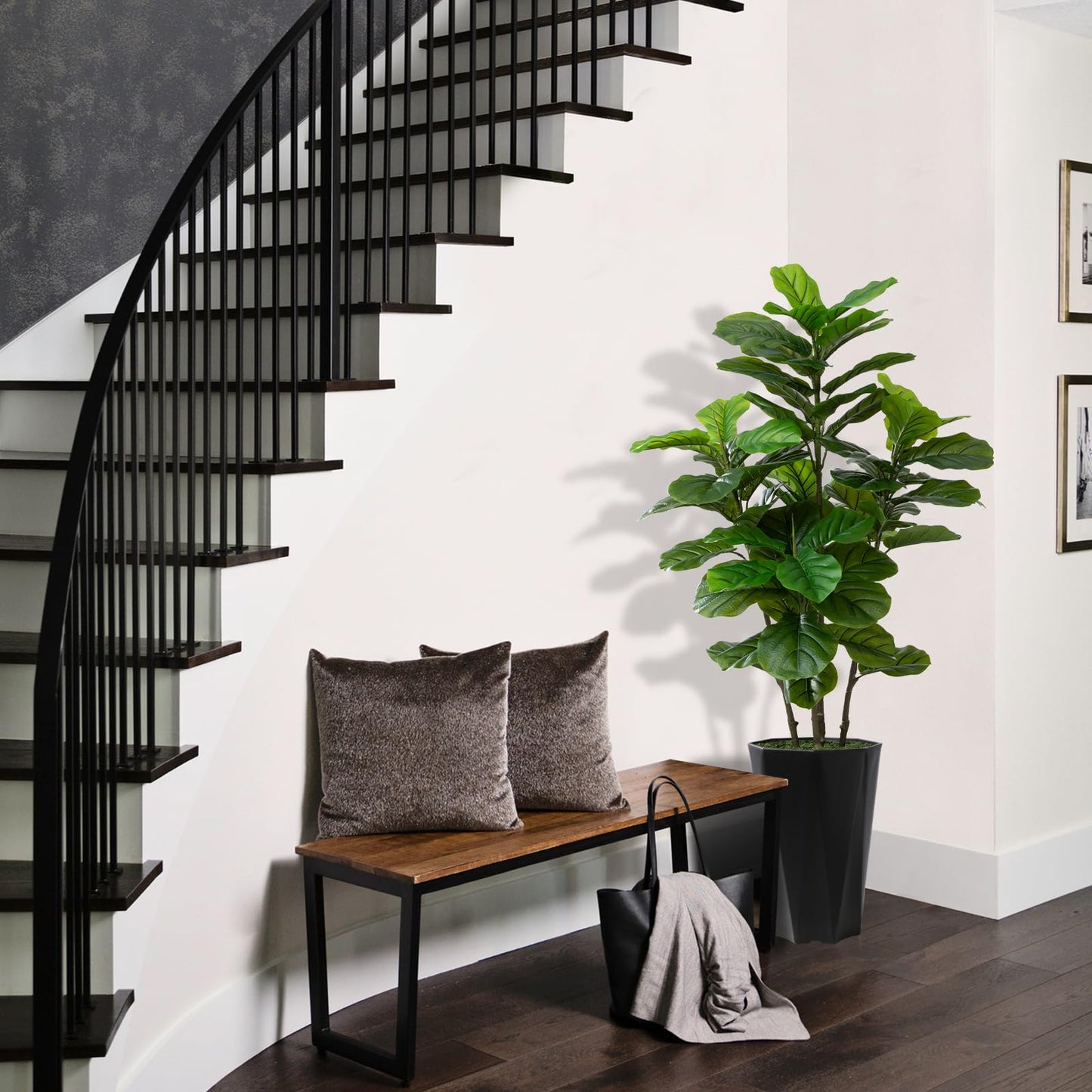 Artificial Fiddle Leaf Fig Tree 5FT - Faux Fig Tree with Black Diamond Planter - Tall Fake Floor Plant Potted - Artificial Silk Tree for Home Office Living Room Decor Indoor