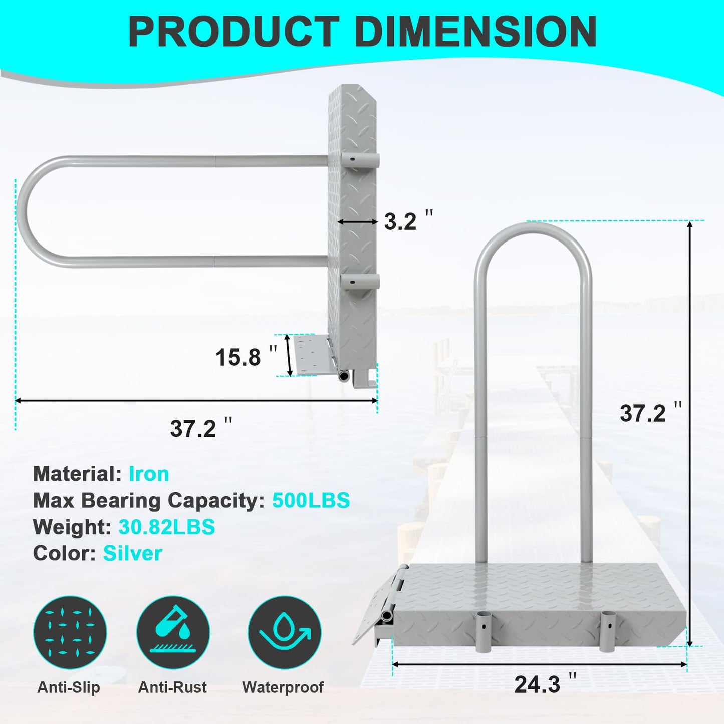 HomiShare Boat Boarding Platform with Handrail, Dock Extension Step with Safety Grab Bar, Folding Dock Boarding Platform for Marina, Dock, Deck, Boat, Silver