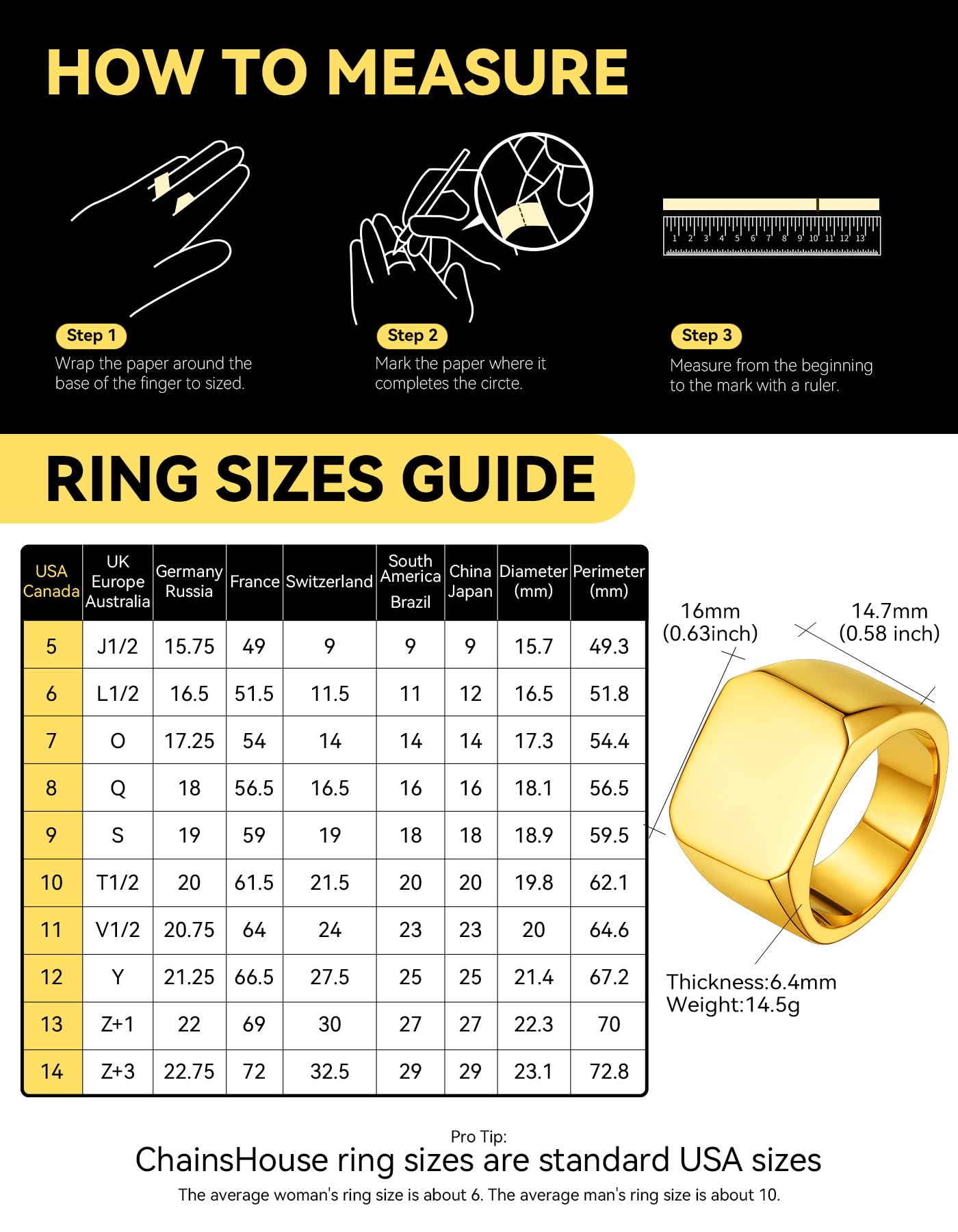 ChainsHouse Signet Biker Rings Solid Polished 18K Gold Cool Finger Ring for Men, Size 12