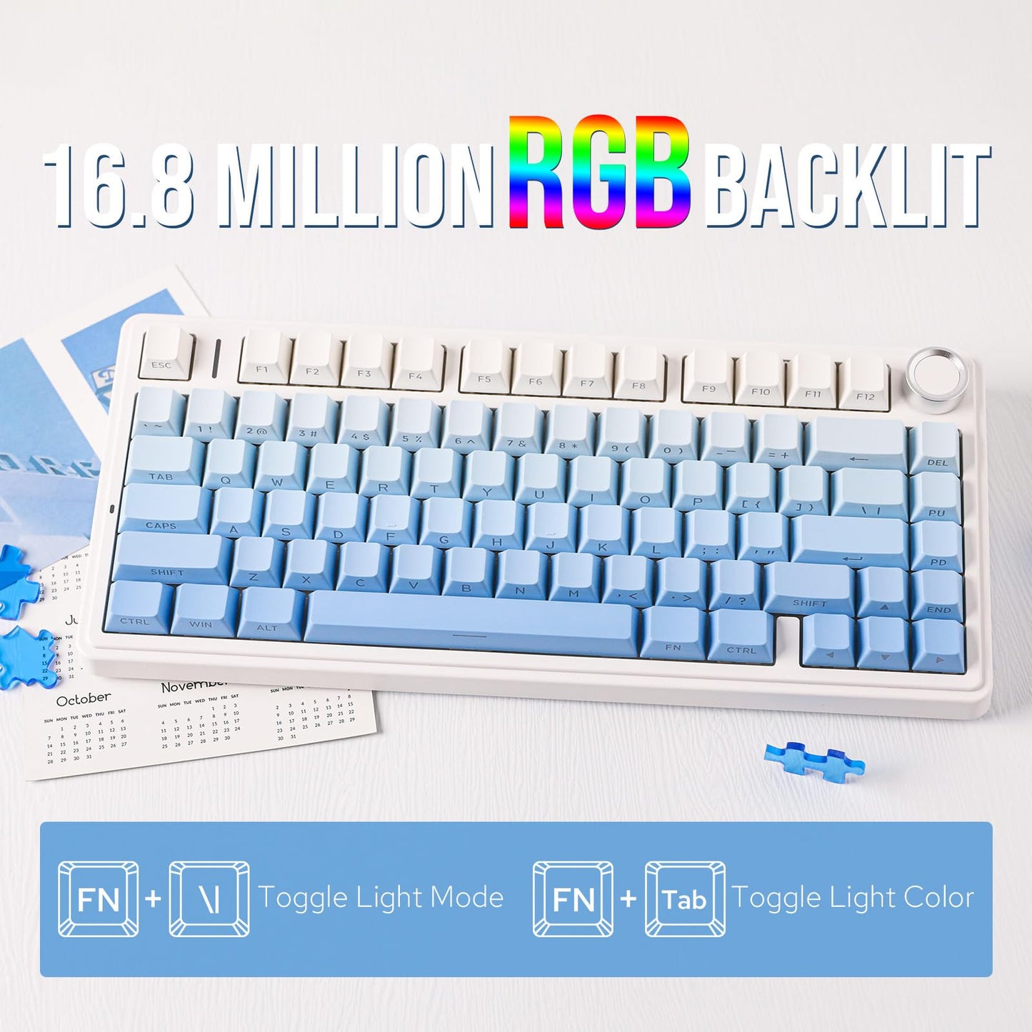EPOMAKER x Aula F75 Gasket Mechanical Keyboard, 75% Wireless Hot Swappable Gaming Keyboard with Five-Layer Padding&Knob, Bluetooth/2.4GHz/USB-C, RGB (Light Blue, LEOBOG Reaper Switch)