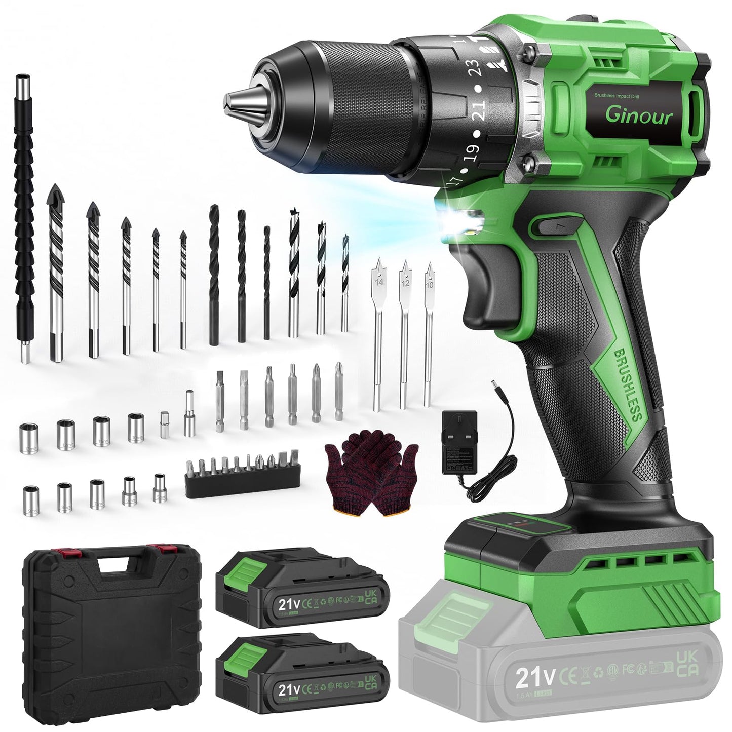 Ginour 21V Brushless Cordless Combi Drill Set, 2x1.5Ah, Hammer Drill 50Nm, compatible with Makita 18V Battery, 23+3 Torque, 2 Speed, 48PCS Electric Screwdriver kit, Impact drill for Masonry Wood Metal