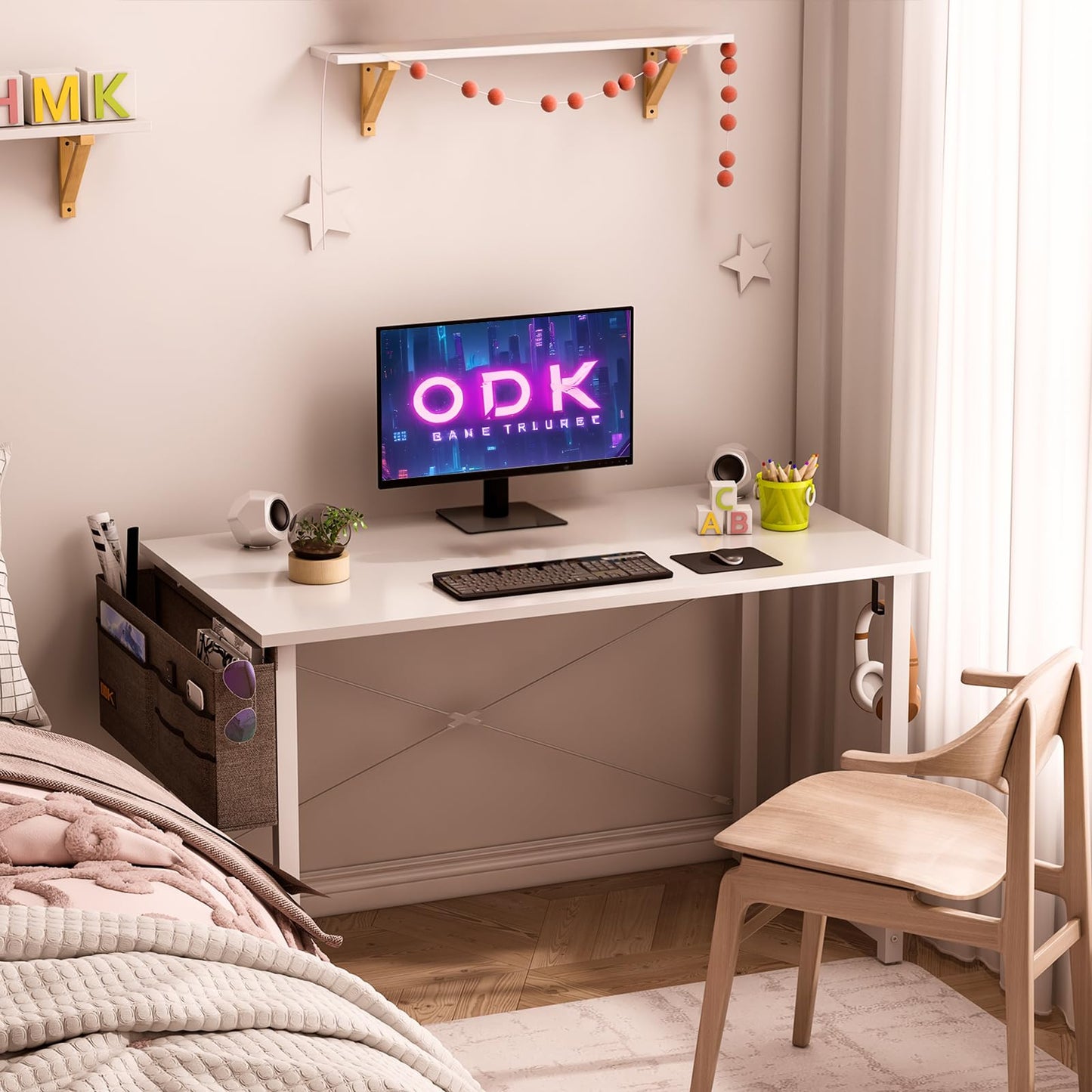 ODK 100×48 cm Desk, Small Computer Desk for Home Office, Study Office Table with Headphone Hooks for Small Space, Easy Assembly, White