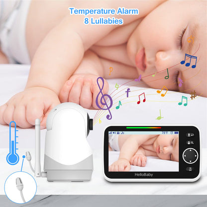 HelloBaby Monitor with Camera and Audio, 5'' Large Screen with 3500mAh Battery, Remote Pan-Tilt-Zoom Camera, Two-Way Talk, ECO-Mode, Auto-Night Vision, Range up to 960ft and No WiFi