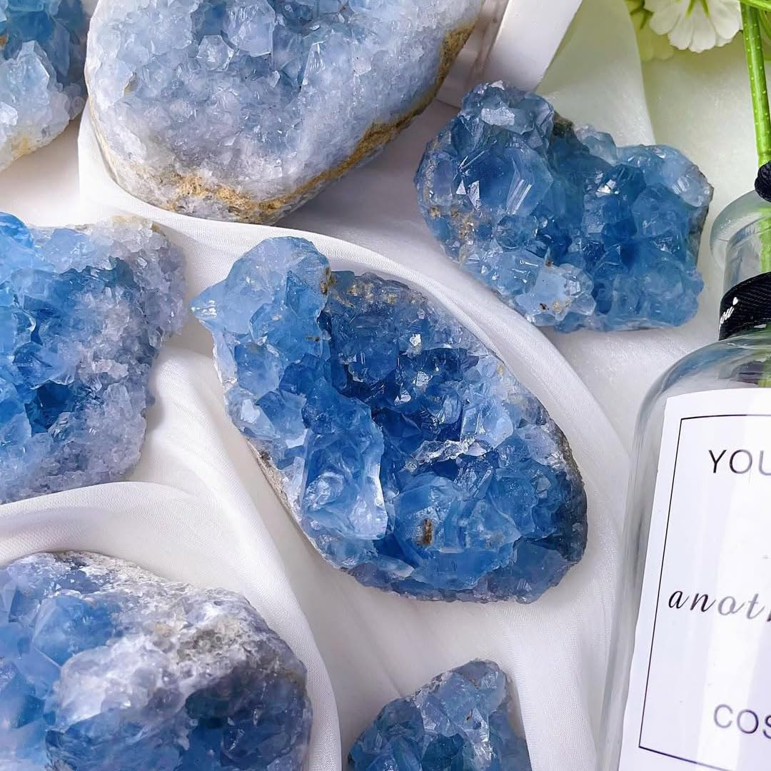 0.88-1.8lb Natural Celestine Cluster - Blue Quartz Geode for Home & Office Decor - Raw Crystal Healing Stone with Natural Formations