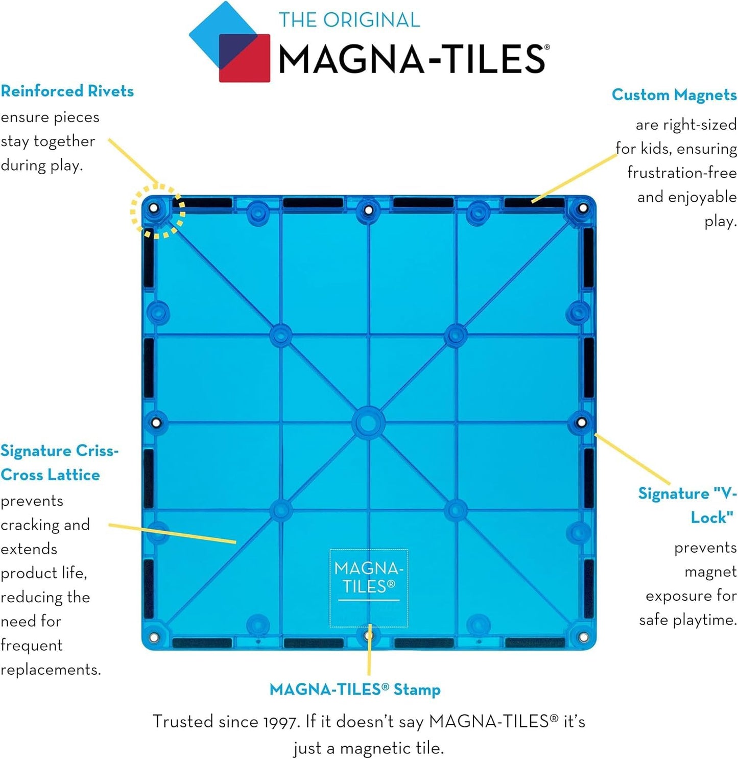 MAGNA-TILES Classic 100-Piece Magnetic Construction Set, The ORIGINAL Magnetic Building Brand, Rainbow