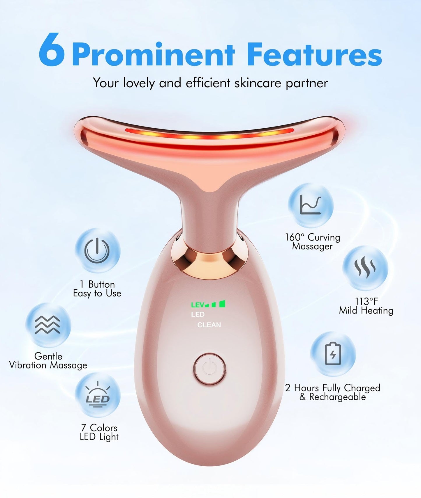 Red-Light-Therapy-for-Face-and-Neck, 7 Color Face Massager Tool for Wrinkles, Double Chin, Vibrating Facial Massager with Thermals for Skin Care, Glossy Pink