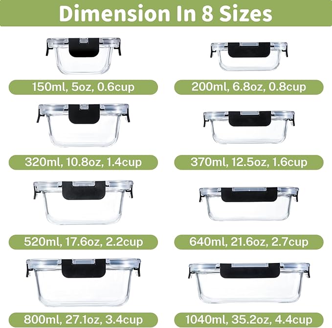 8 Pack Borosilicate Glass Food Storage Containers