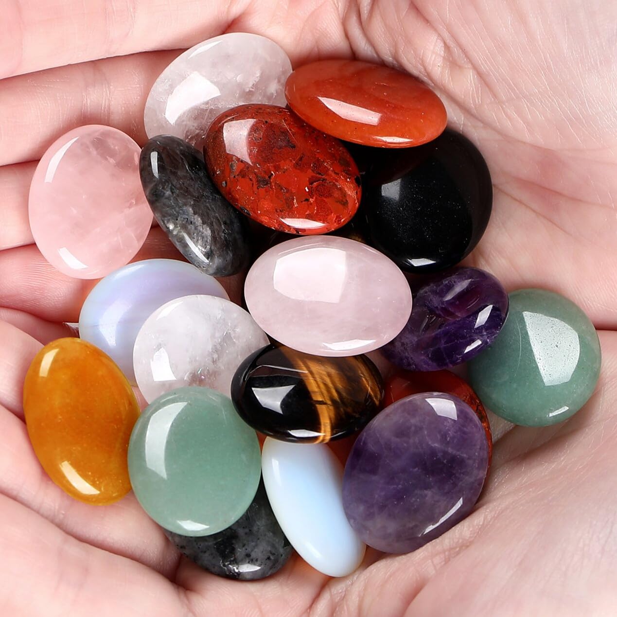 ZHIYUXI 10PCS Crystals and Healing Stones Gemstones Worry Stone for Anxiety Oval Thumb Palm Amethyst Rose Quartz Obsidian Quartz Crystals Bulk Healing Crystals Set Reiki Meditation