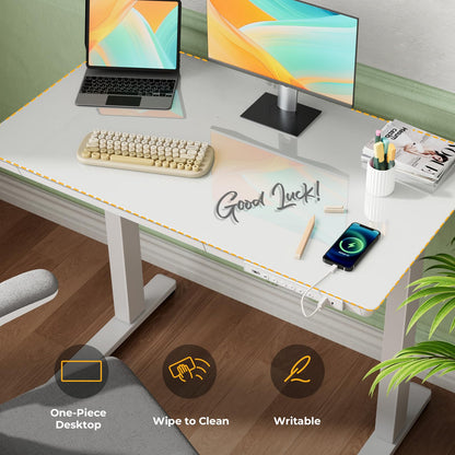 JYLH JOYSEEKER Glass Electric Standing Desk with Drawer, 35" x 20" Whole Piece Small Sit Stand Table, Height Adjustable Desk with Storage & USB Ports, Quick Install Home Office Computer Desk, White