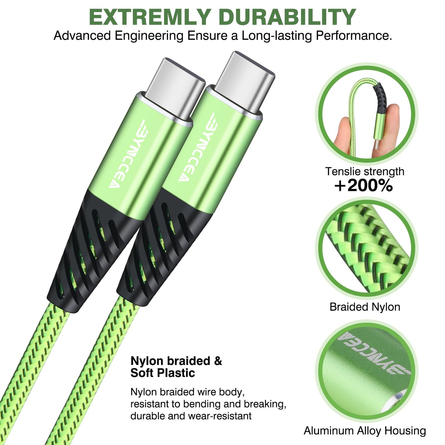 Bynccea USB C Cable to USB C Charger Cable 4-Pack 10ft Fast Charging USB C Cable, Nylon Braided 60W(5A) Type C to Type C Charging Cable for Phone 17/16 15/15 Pro/15 Plus/15 Pro Max S22 S23 Note 20