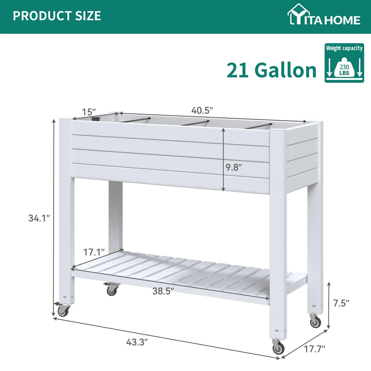 YITAHOME 3.6x1.5x2.8 FT Elevated Garden Bed Kit with Legs and Wheels, Outdoor Large Resin Planter Box Stand with Drain Plug and Storage Shelf for Plants Vegetables Fruits, Grayish-White
