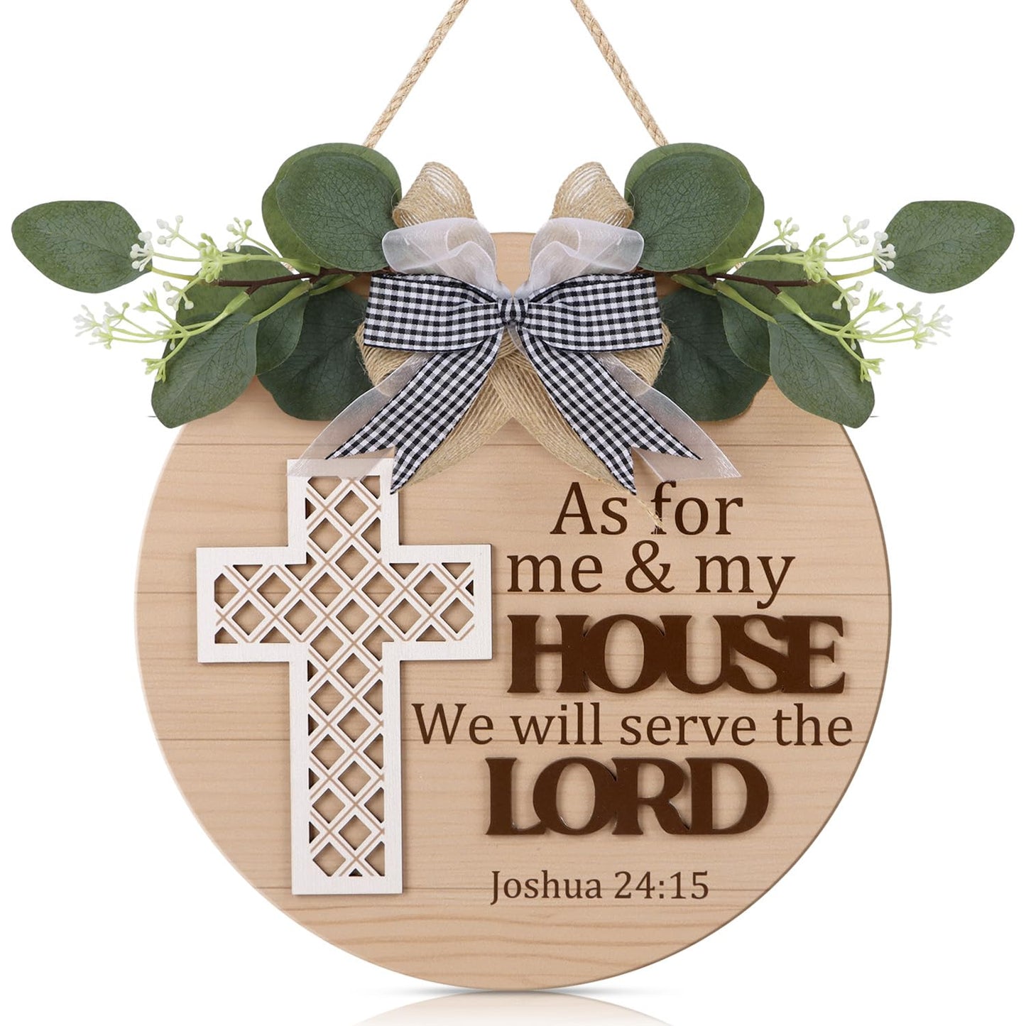 TOARTi Christian Cross Front Door Sign Wreath (11.4"x11.4"), Bible Verse Joshua 24:15 We Will Serve The Lord Wall Sign Hanging, Religious Home Wooden Door Decoration for Housewarming