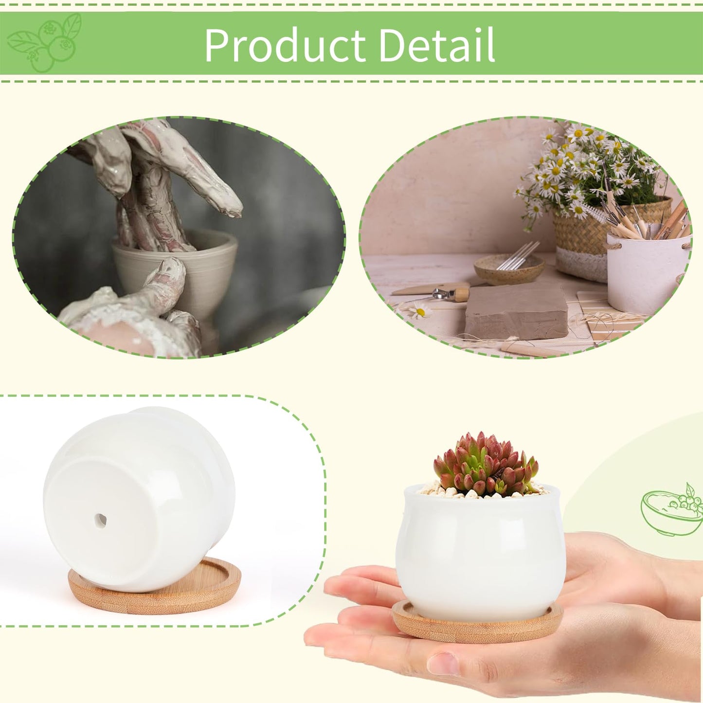 SHECIPIN Succulent Pots, White Mini 2.5 inch Ceramic Flower Planter Pot with Bamboo Tray, Pack of 12 - Plants Not Included