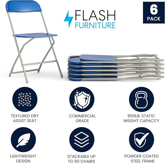 Flash Furniture Hercules Series Plastic Folding Chair - Blue - 6 Pack 650LB Weight Capacity Comfortable Event Chair-Lightweight Folding Chair