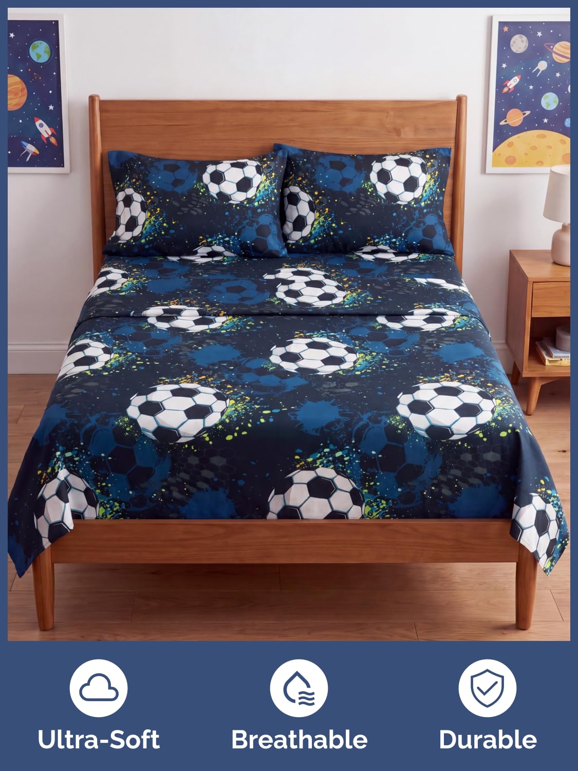CGK Unlimited Kids Midnight Soccer Full 4 Piece Sheet Set - Boys, Girls, Teens, Toddler - Easy Fit Deep Pockets - Soft, Cooling & Breathable Sheets - Cute, Cozy, Fade & Wrinkle Free - Machine Washable