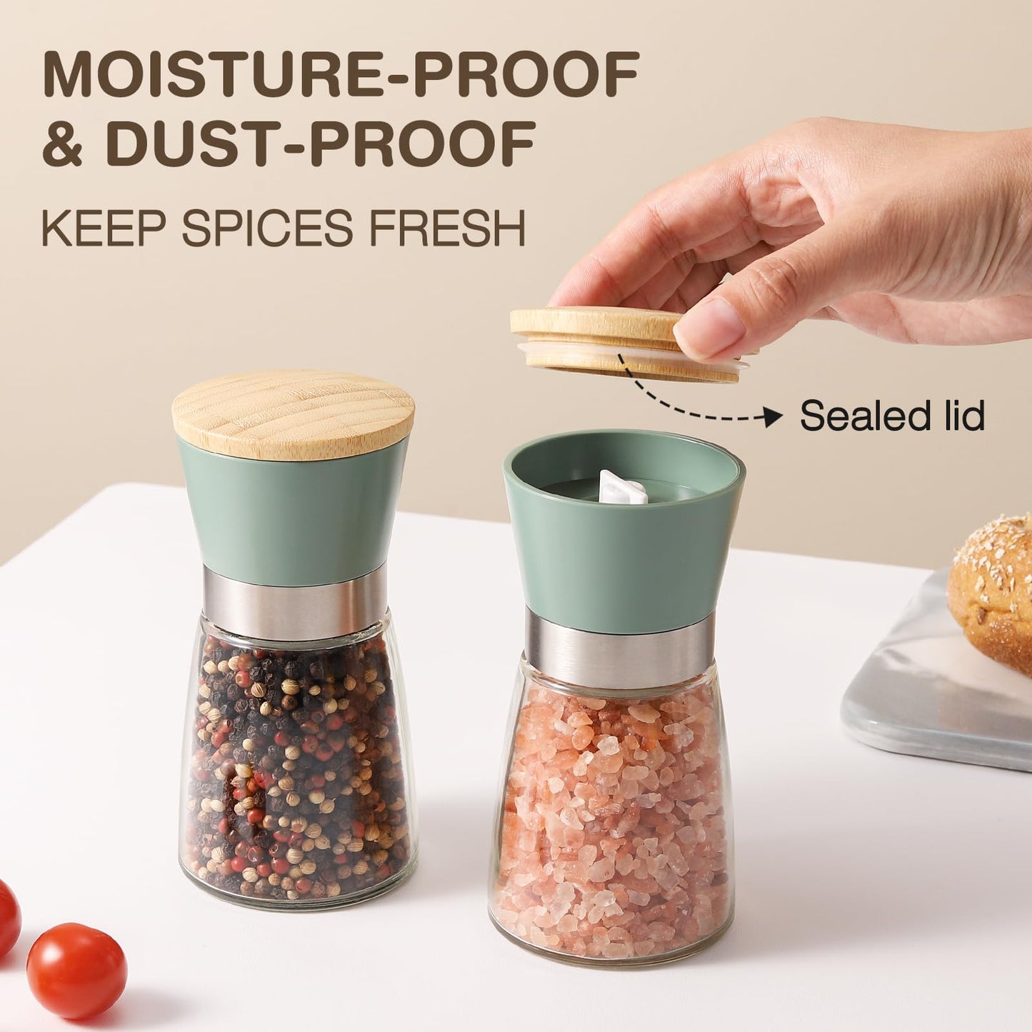 VUCCHINI Salt and Pepper Grinder Set Bamboo Lid- Adjustable Coarse Salt and Pepper Mills - Refillable Ceramic Burr Kitchen Gift Manual Spice Grinder Green