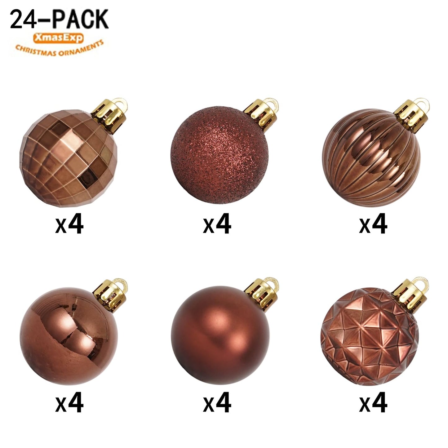 XmasExp 24ct Brown Christmas Ball Ornaments for Tree Decorations, Small Shatterproof Plastic Hanging Balls Set for Christmas Tree, Home Holiday Party Decor (1.57'', Brown)