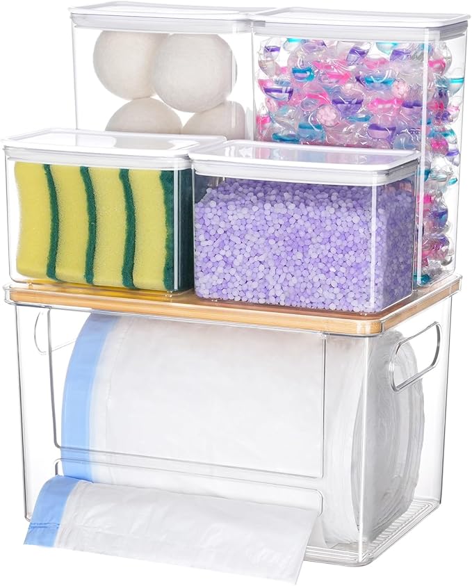 Trash Bag Dispenser Dishwasher Pods Container, 5 in 1 Garbage Bags Holder Under