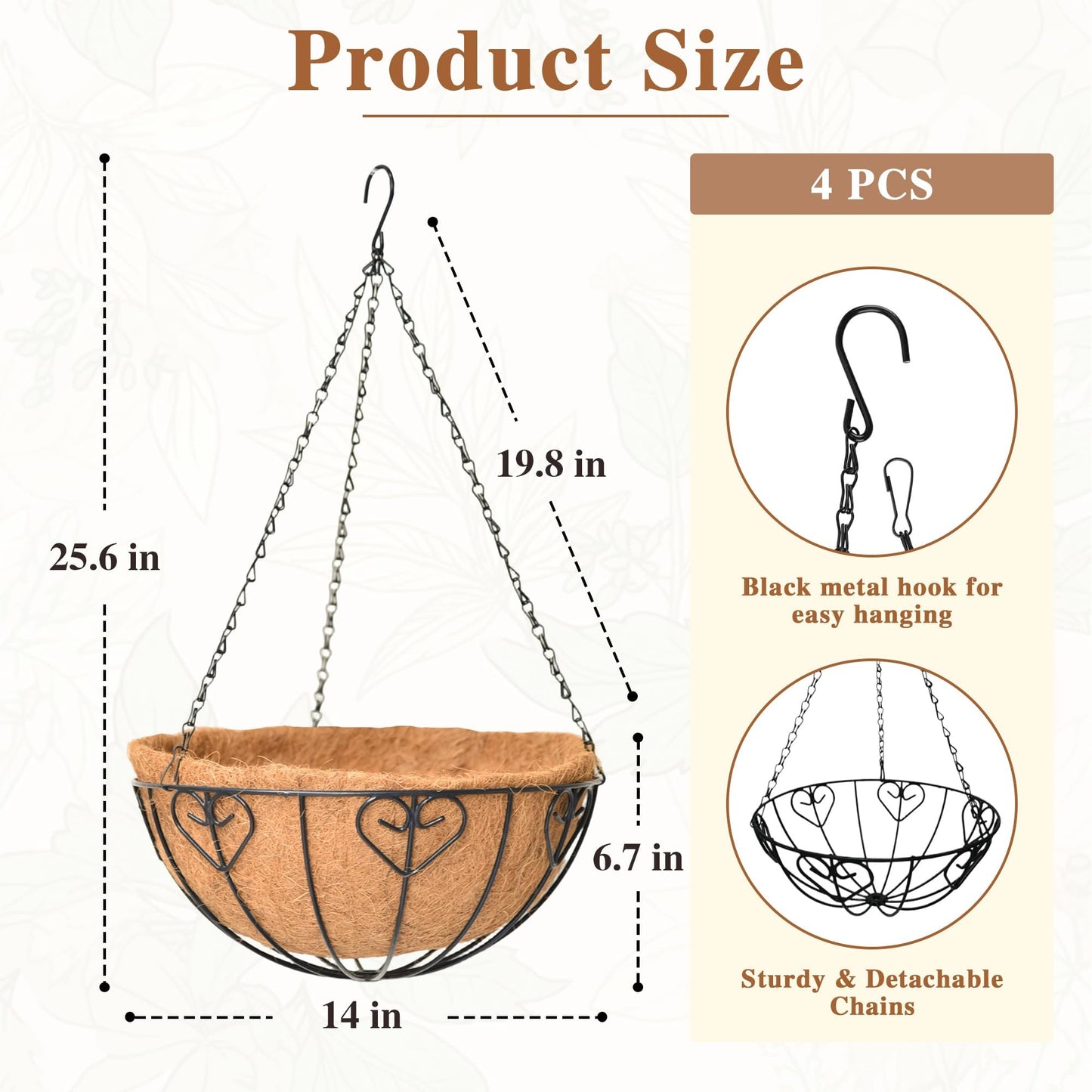 4 Pack Hanging Planter for Outdoor Plants 14 inch Metal Hanging Flower Basket with Coco Coir Liner Round Wire Plant Holder Chain Flower Pots Outdoor Garden Decoration Watering Hanging Baskets（AX）