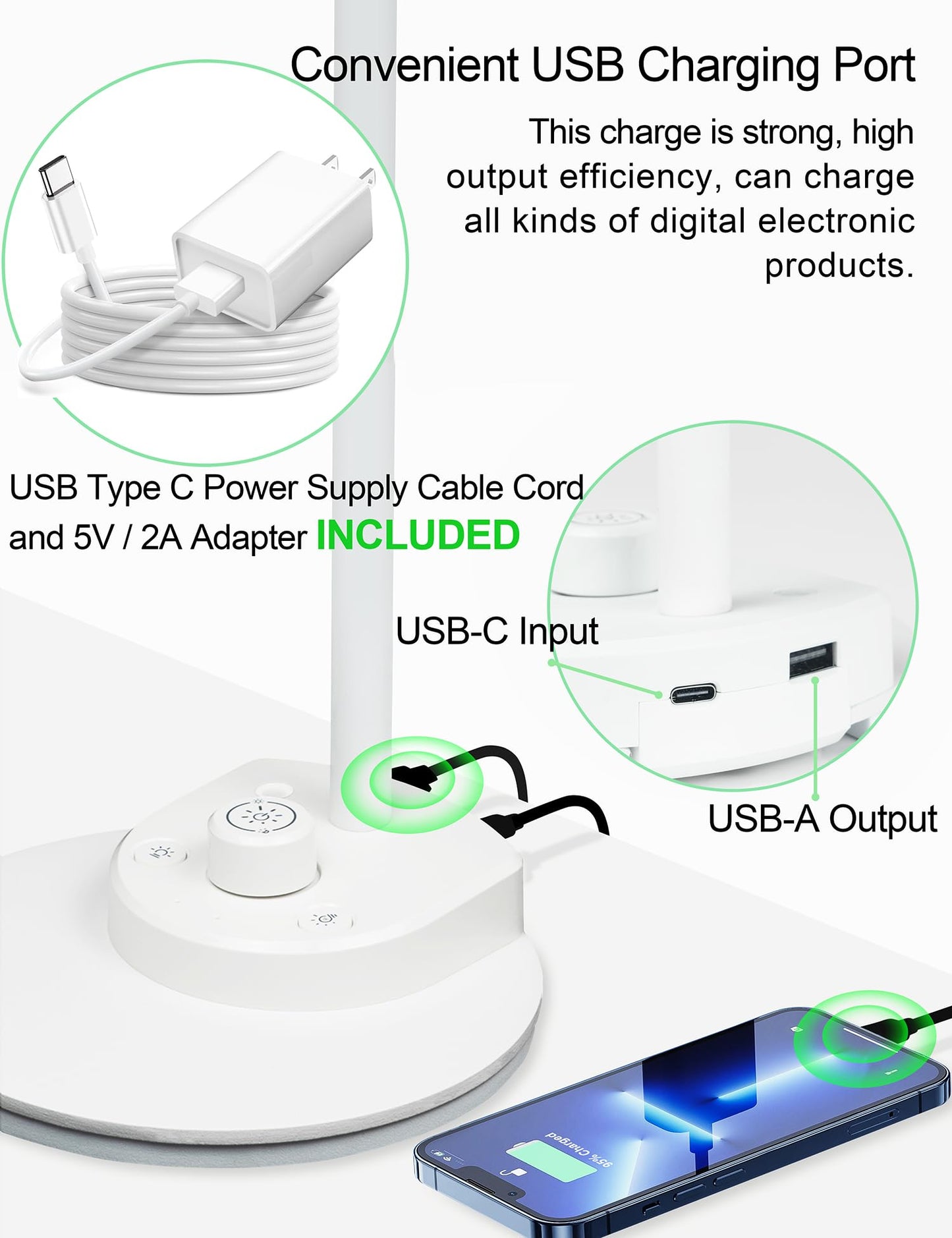 BOHON LED Table Lamp with USB Charging Port, 3 Color Modes Dimmable Reading Lamp, Automatic Dimming Task Lamp, Flexible Goose Neck Table Lamp for Dorm Bedside Table with Adapter, White