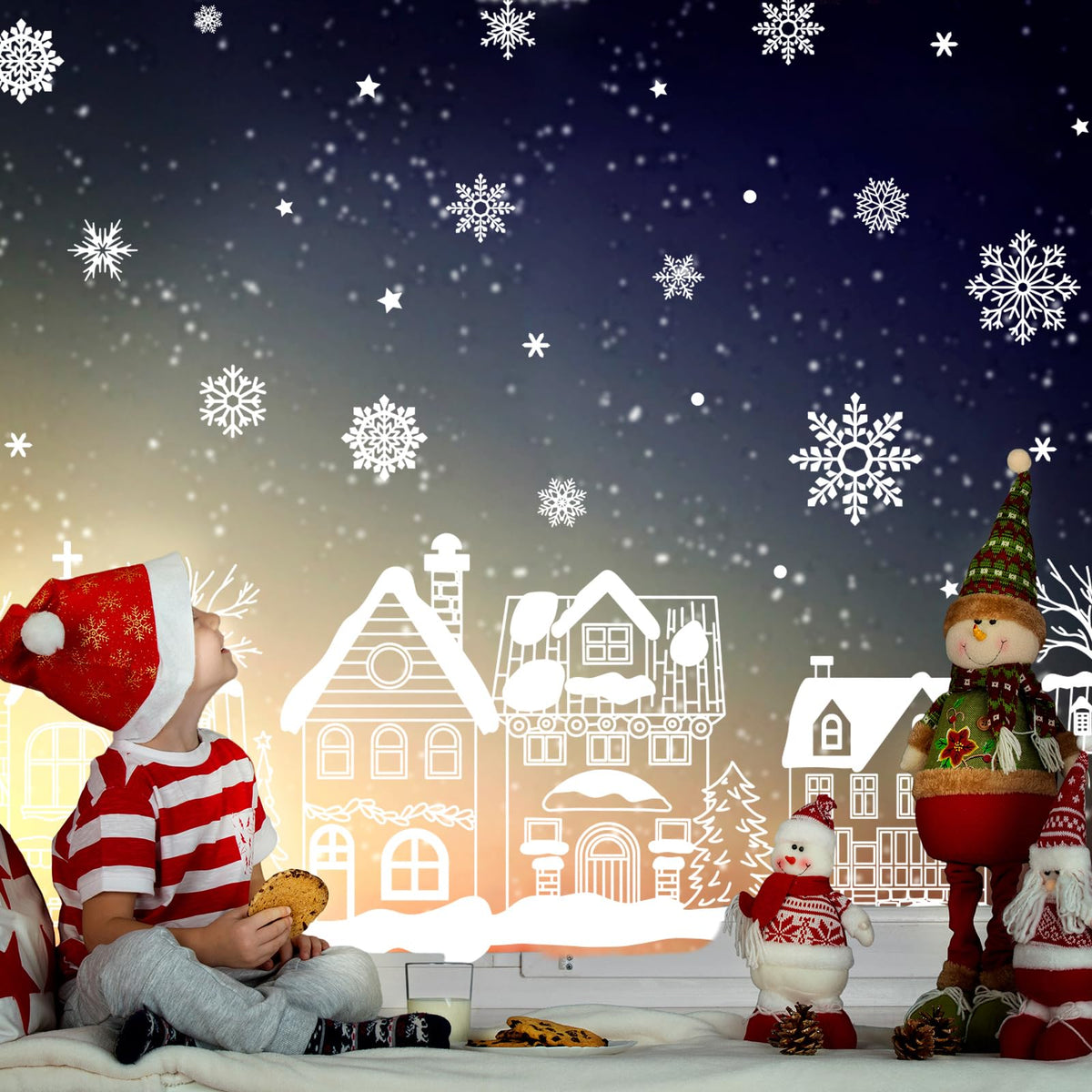 JarThenaAMCS 13.8 * 35.4'' Extra Large Christmas Window Clings 4 Sheets White House Snowflake Xmas Tree Window Stickers Double-Sided Glass Decals for Winter Xmas Home Classroom Office Party Decoration