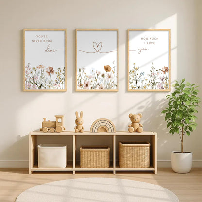 3Pcs Framed Boho Nursery Wall Art Flower Botanical Sentence Painting Picture Wall Decor Wildflower Children's Room Poster Print Artwork for Nursery Baby Room Living Room Bedroom Home Decoration