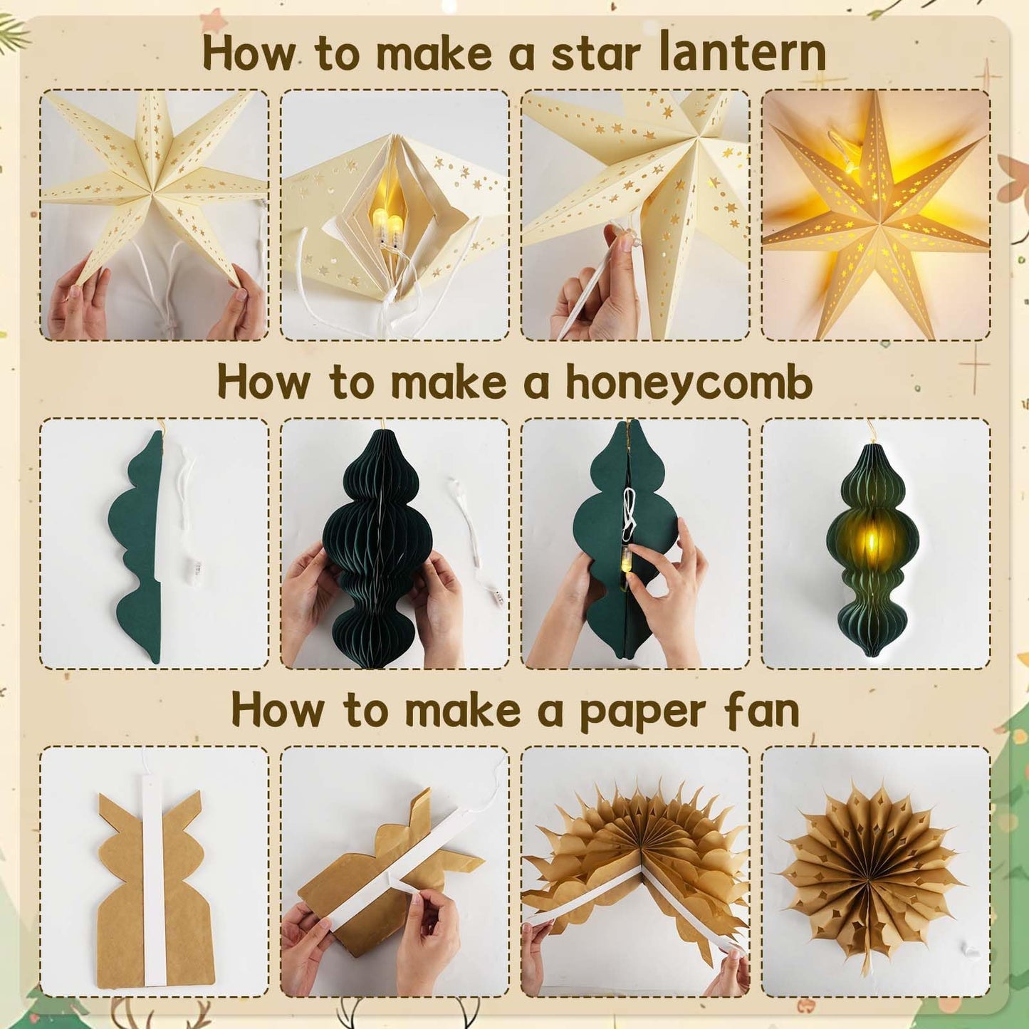 Christmas Hanging Decorations Set, 3D Paper Star Lanterns with Lights Paper Honeycomb Ornaments Snowflake Fans Decorative Hanging Ornamnets for Xmas Tree Frozen Winter Wonderland Holiday Party Decor