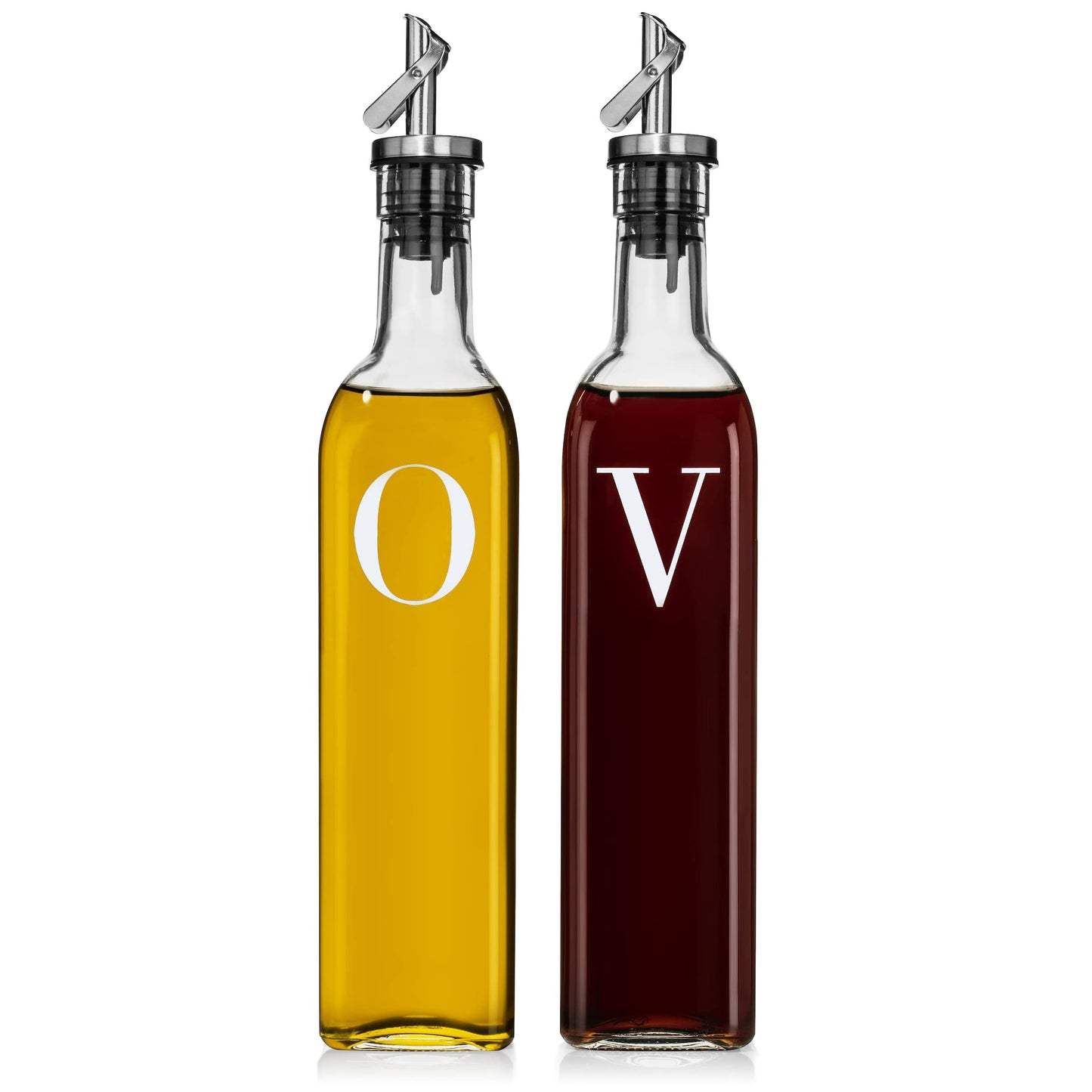 GREENOLIVE Olive Oil and Vinegar Dispenser Set - 17 oz. Glass Bottles with No-Drip BPA-Free Spouts - Stylish O and V Identifiers for Kitchen and Dining Use - Set of 2