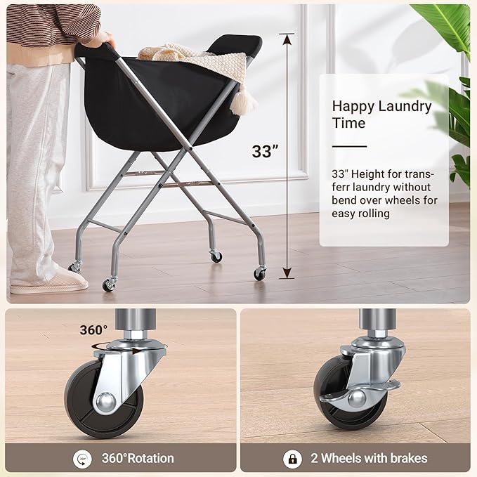 ELYKEN Laundry Cart with Wheels, 33”H Easy Rolling Laundry Hamper with