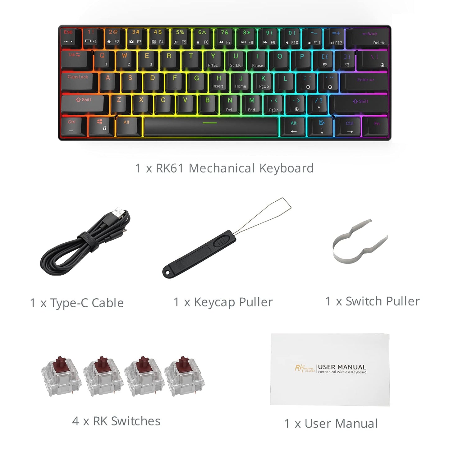 RK ROYAL KLUDGE RK61 60% Mechanical Keyboard with Coiled Cable, 2.4Ghz/Bluetooth/Wired, Wireless Bluetooth Mini Keyboard 61 Keys, RGB Hot Swappable Red Switch Gaming Keyboard with Software - White