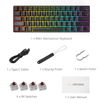 RK ROYAL KLUDGE RK61 60% Mechanical Keyboard with Coiled Cable, 2.4Ghz/Bluetooth/Wired, Wireless Bluetooth Mini Keyboard 61 Keys, RGB Hot Swappable Red Switch Gaming Keyboard with Software - White