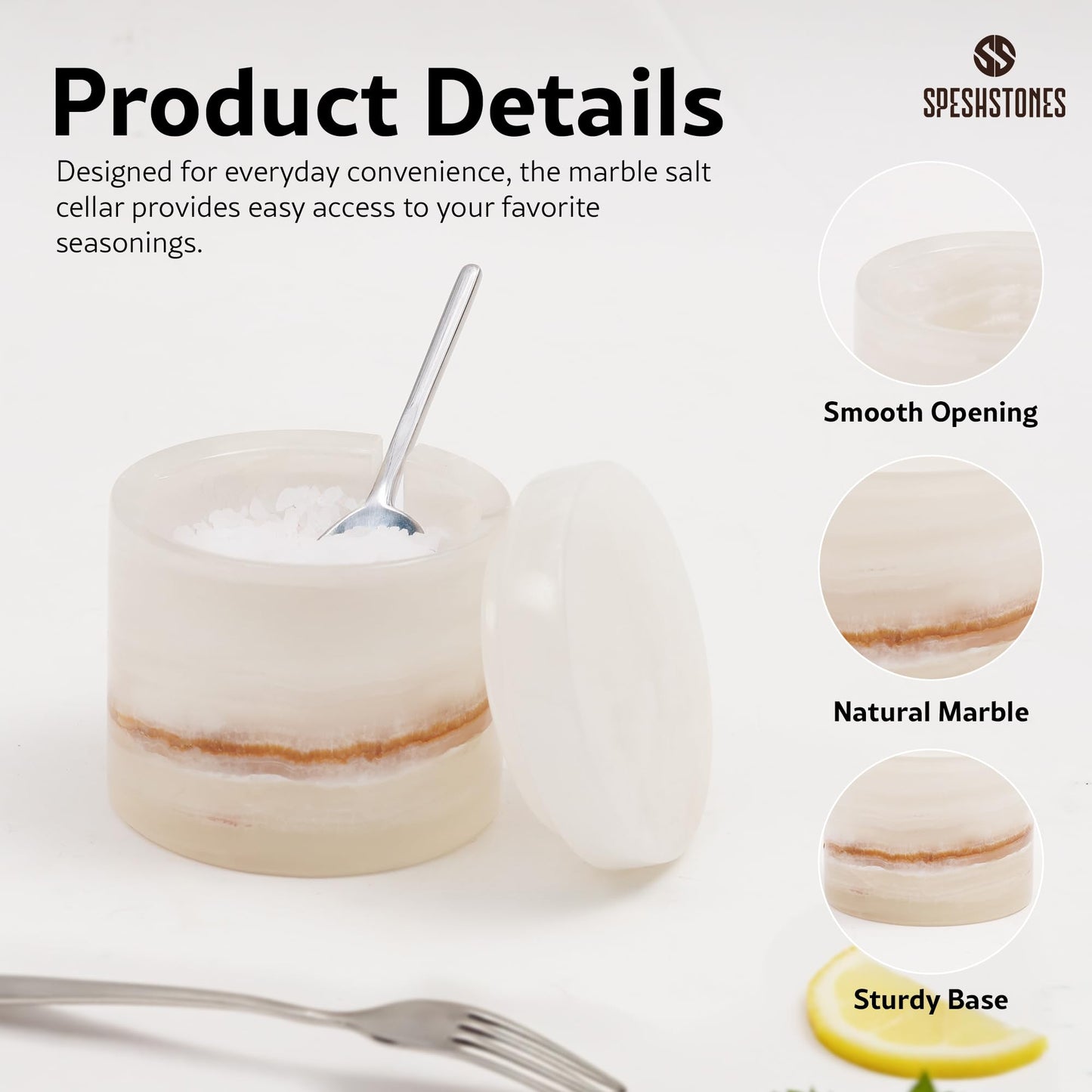 SPESHSTONES Marble Salt Cellar 3 Inch Cream Onyx Salt Containers for Countertop, Sugar Bowl With Lid, Salt Holder, Spice Jars, Salt Box for Seasoning Storage Container, Salt Dish for Kitchen Decor