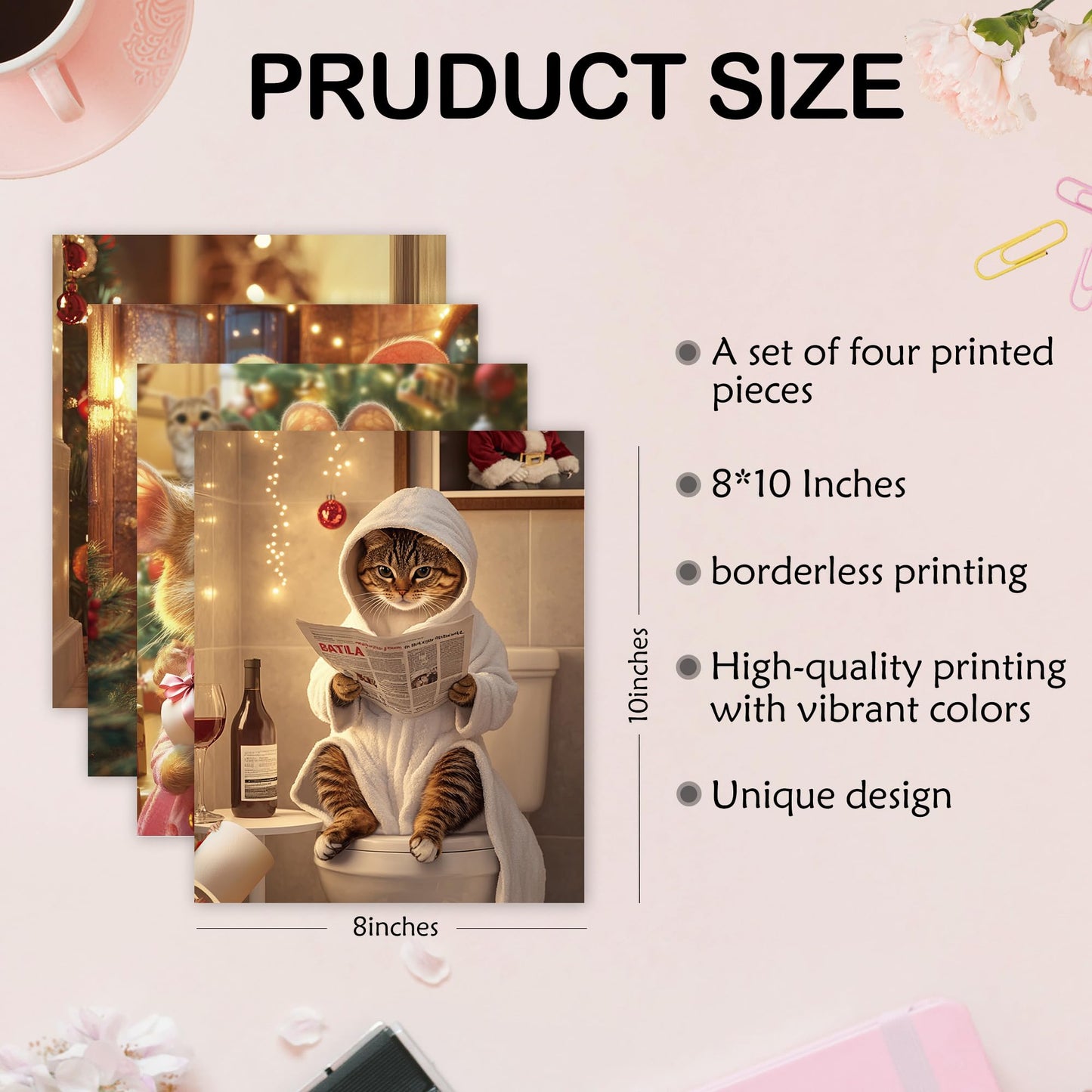 Poecinvi Funny Christmas Bathroom Wall Art Prints Set of 4, Christmas Bathroom Decor, Cute Cat Mouse Animal Xmas Posters Pictures Wall Decor for Kids Bath Room Washroom, 8x10 Unframed
