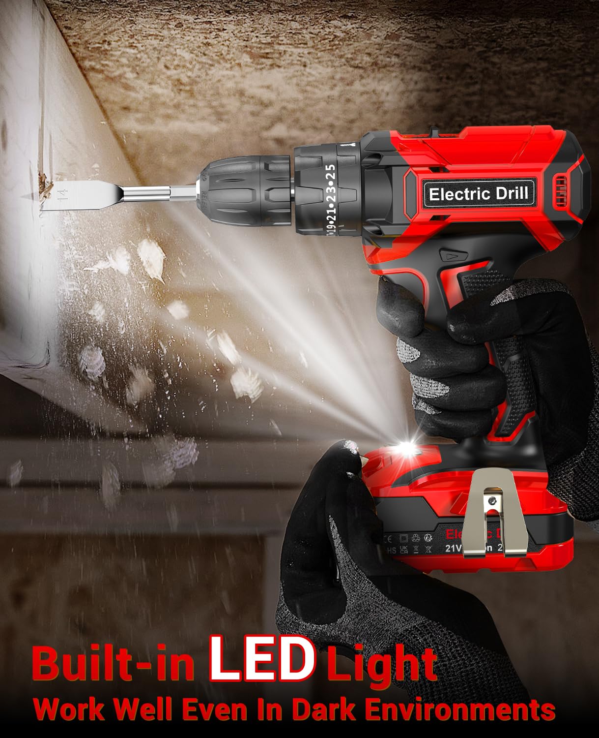Power Drill Set 21V, Cordless Hammer Drill with 2 Batteries 2.0Ah,42N.m Max, 25+3 Torque, 2 Speed, LED Light, 20pcs Bits Electric Drills for Home
