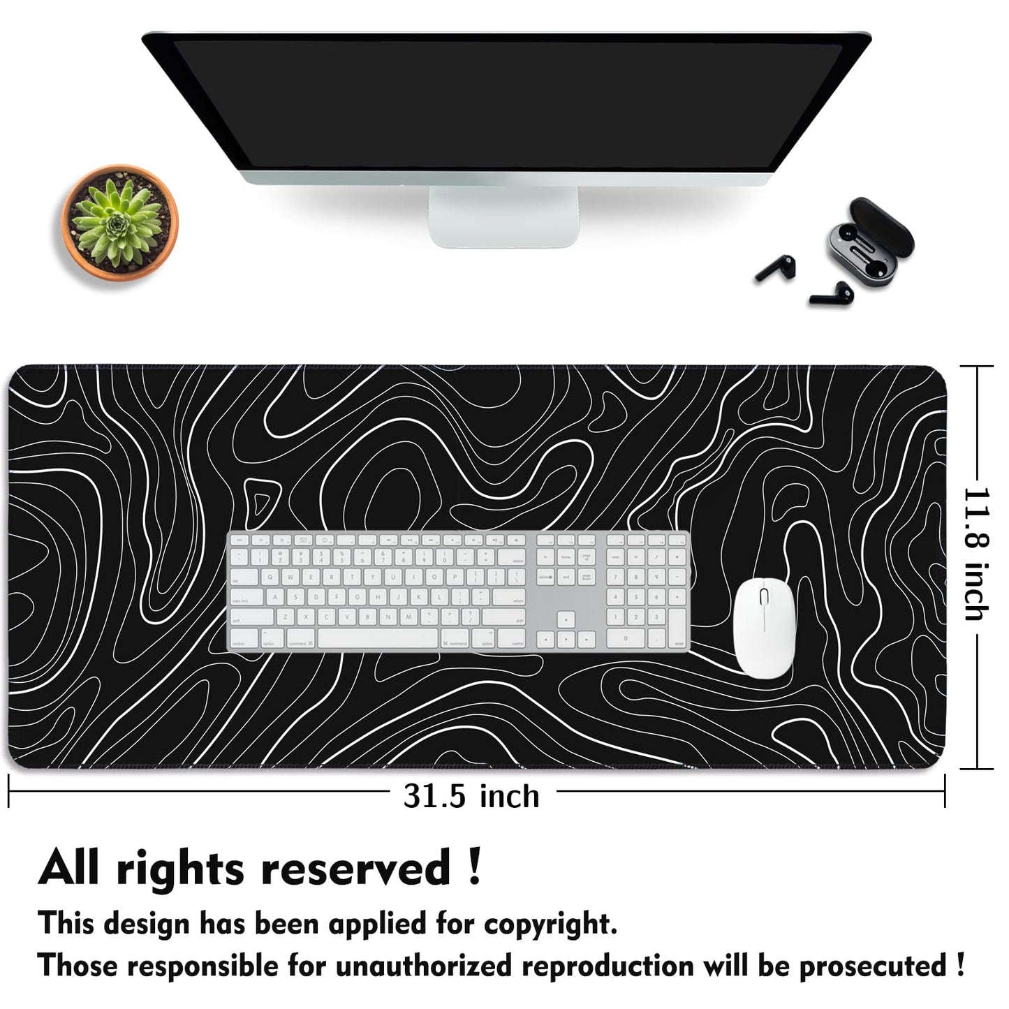 UJoowalk Topographic Gaming Mouse Pad, Large, Black and White, 31.5 x 11.8 in