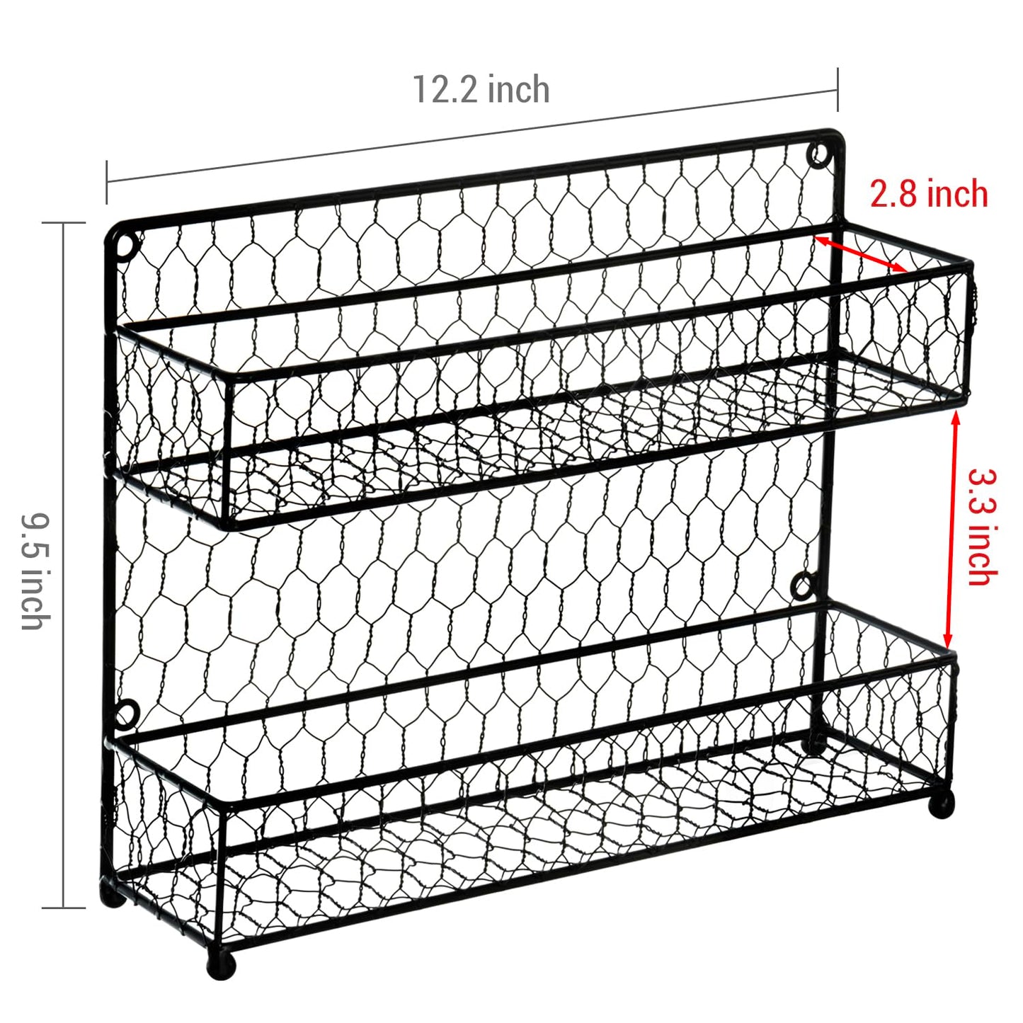 MyGift® Farmhouse Style Metal Wire Spice Rack - Wall Mount or Kitchen Countertop 2-Tier Seasoning Jar Storage Organizer, Black
