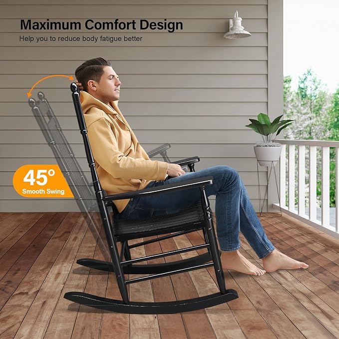 VINGLI Wooden Rocking Chair, Outdoor Chair with 450 lbs Support, Relaxing Rocker with Solid Wood High Back Seat Reclining Seat for Deck, Garden, Backyard, Porch, Indoor or Outdoor Use (Black, 2PCS)