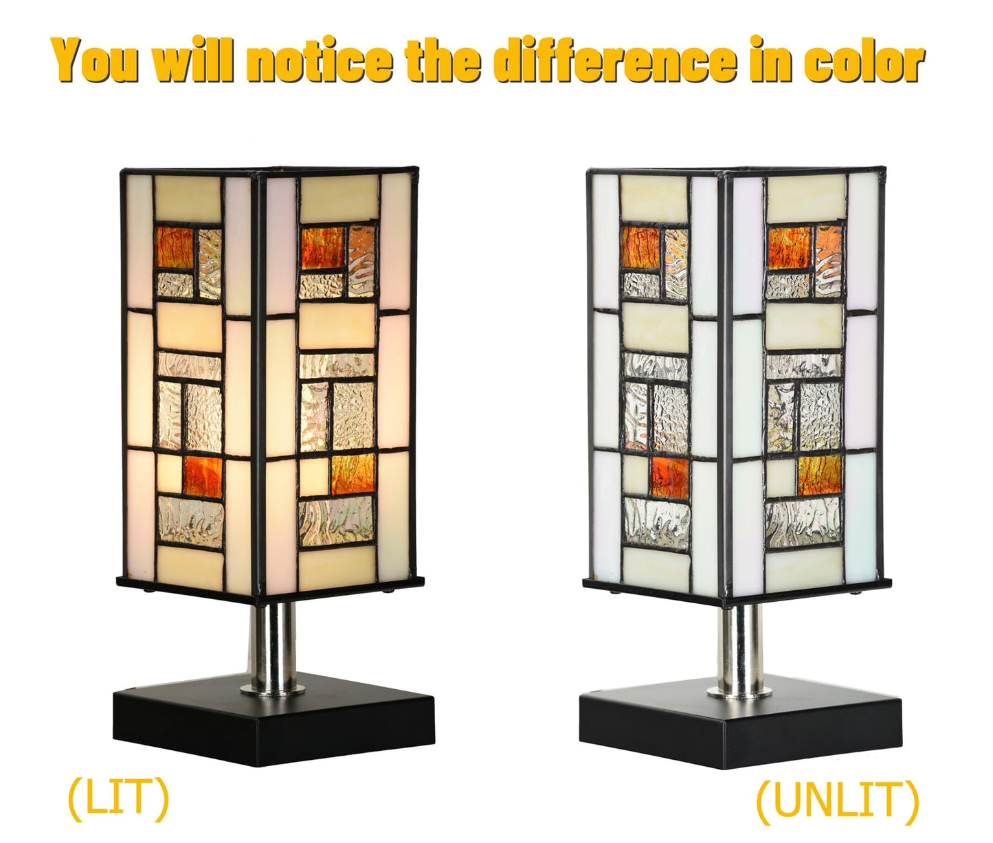 HomeBeauty TL0013 Small Retangular Tiffany Lamp Stained Glass Uplight Table Lamp, Mission Style Geometric Desk Nightstand Lamp for Bedroom Living Room Office Dorm, 4.5" W x 11" H, LED Bulb Included